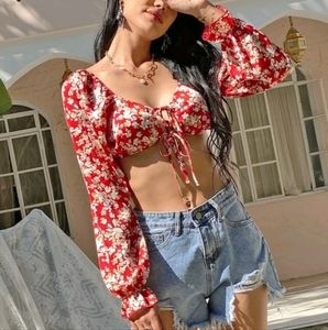 Tie Front Floral Print Crop Top